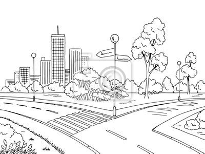 Street Road Graphic Black White City Landscape Sketch Illustration