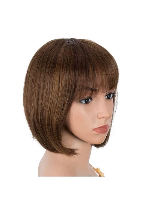 Joedir Hair Straight Short Bob Wig With Bangs Human Hair Inch Brown