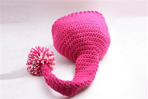 Pink Elf Hat Fun Child Hat Pom Pom Hat With Tail Crochet Pink Pom Pom ...