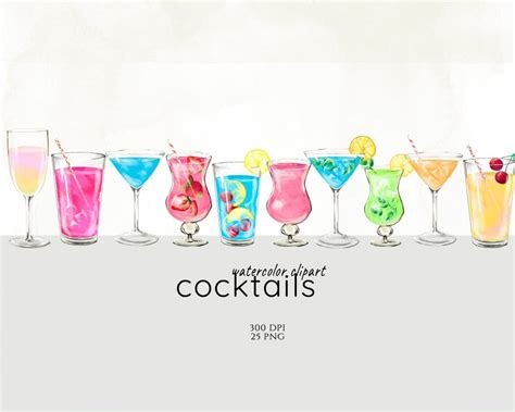 Watercolor Cocktails Clipart Alcohol Drinks Clip Art Cocktail Party Clipart Tropical Cocktail