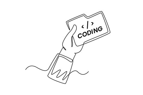 Single one line drawing hand holding coding file. Programming code ...