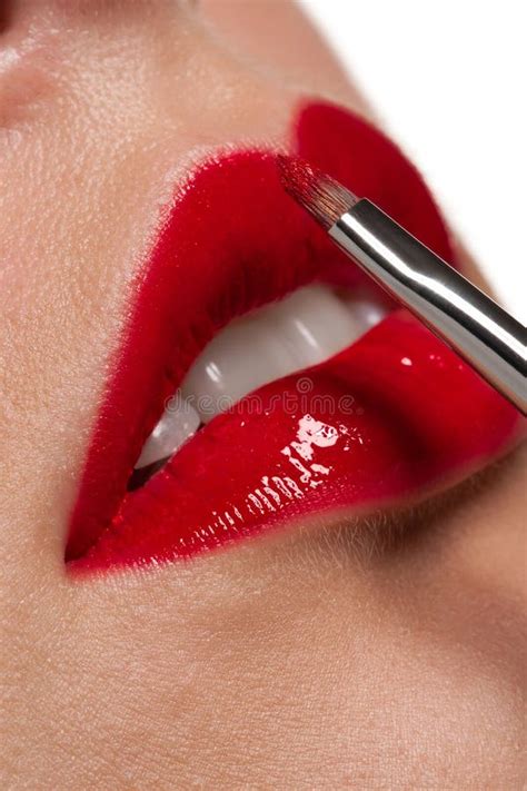 Woman Applying Glossy Red Lipstick Royalty Free Stock Images Image