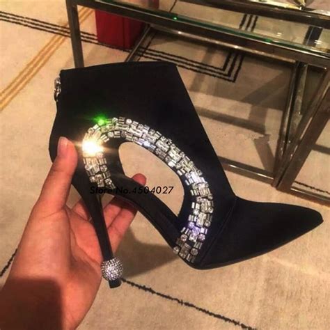 Botines De Punta Estrecha Para Mujer Botas Ahuecadas Con Diamantes De