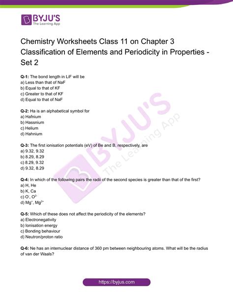 Class Chemistry Worksheet On Chapter Classification Of Elements