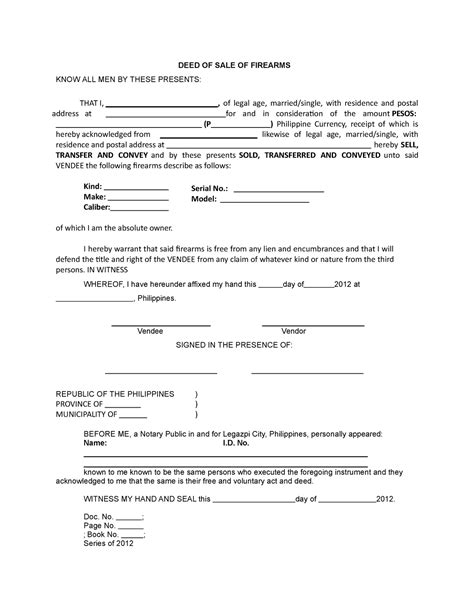 Deed Of Sale Firearms Sample DEED OF SALE OF FIREARMS KNOW ALL MEN BY