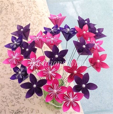 Princess Hot Pink Dark Purple Paper Flowers With Stems Origami