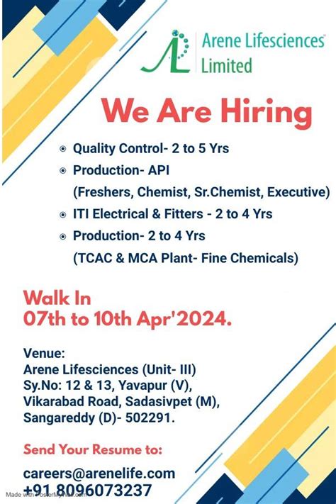 Arene Lifesciences Limited Walk In Interview For Quality Control