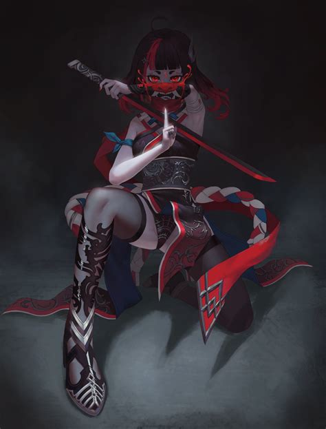 Ninja Girl Oni Mask Sword Red Eyes Artwork Minimalism 4k Wallpaper Hdwallpaper Desktop