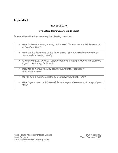 ELC231 Evaluative Commentary Guide Sheet Appendix 6 Updated Appendix