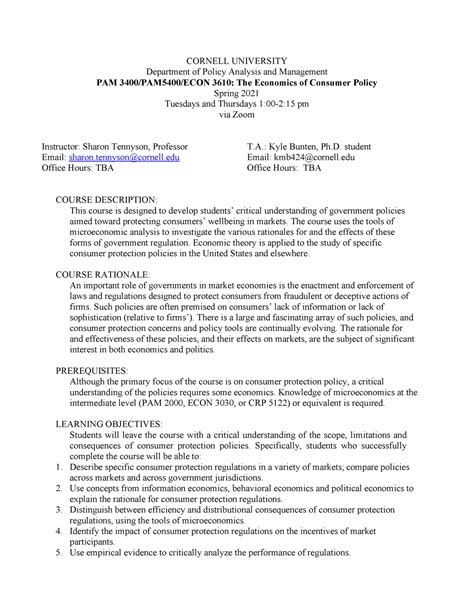 Pam Econ Syllabus Cornell University Department Of Policy