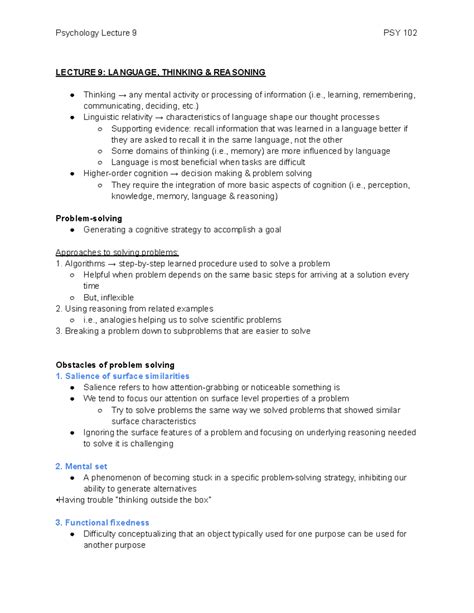 PSY 102 Lecture 9 Language Thinking Reasoning LECTURE 9 LANGUAGE