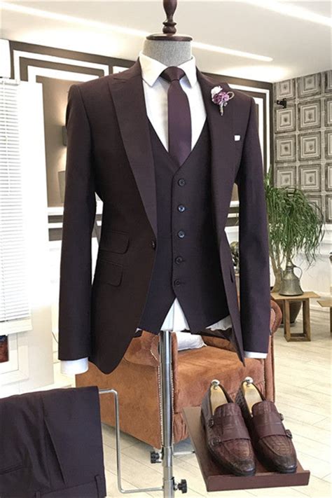 Brown Three Pieces Business Suits With Peaked Lapel Slim Suits Wedding