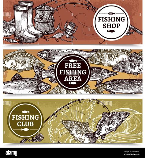 Hand Drawn Horizontal Banners Of Fishing Shop With Equipment Free