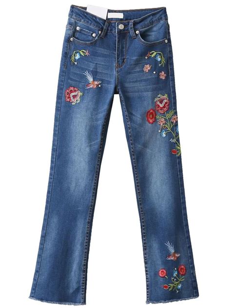 Blue Flower Embroidery Beaded Denim Pants Shein Abaday Flower