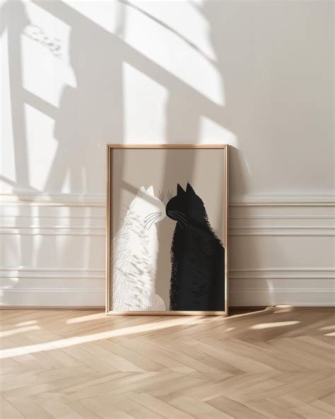 cat wall art minimal black  white illustration modern love design