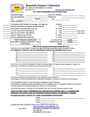 Fillable Online 2017 FOOD CONCESSION APPLICATION 6 Day Fax Email