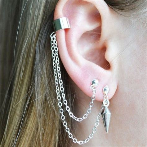 Asymmetric Pair Of Ear Cuffs Double Piercing 2 Holes Chain Earrings