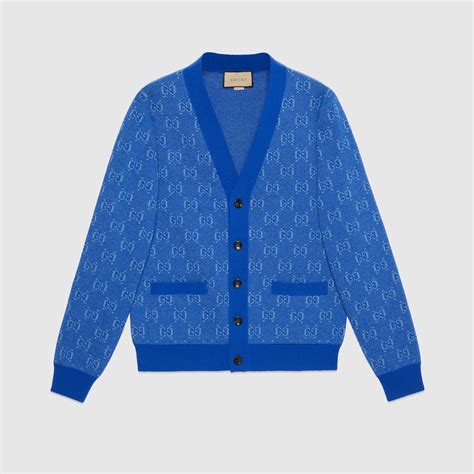 Gg Wool Jacquard Cardigan In Blue Gucci Gr