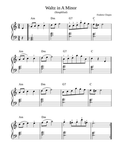 Waltz In A Minor Chopin Simplified Sheet Music For Piano Solo Easy