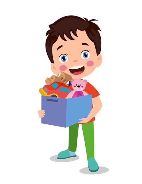 Premium Vector Cute Boy Picking Up His Toys In The Toy Box