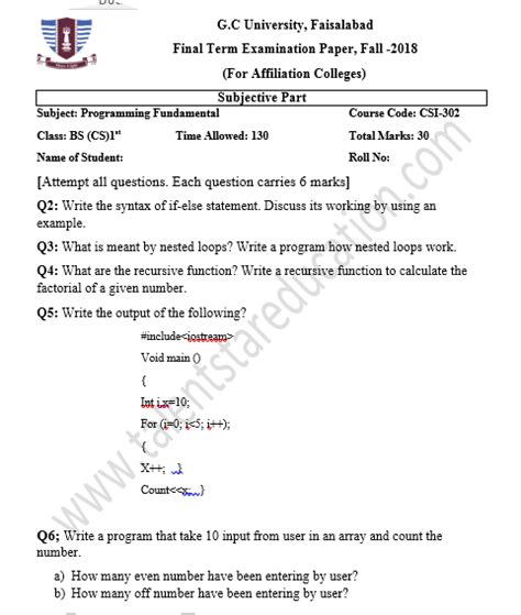 Bscs Computer Science Gcuf Past Papers For Affiliated Colleges