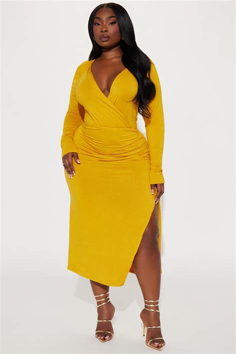 Claire Ruched Midi Dress Mustard Fashion Nova