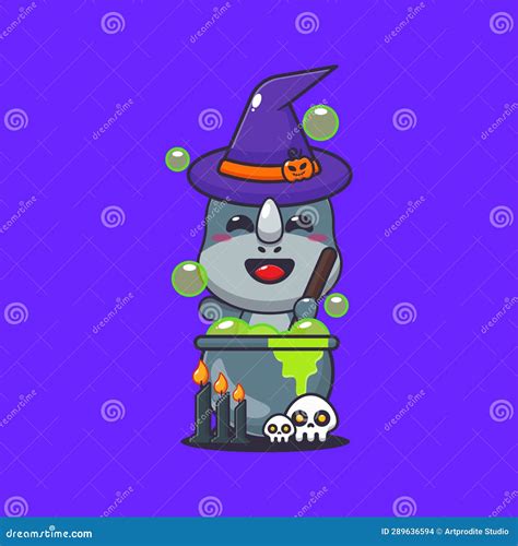 Witch Rhino Making Potion In Halloween Day Cute Halloween Cartoon