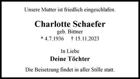 Traueranzeigen Von Charlotte Schaefer Trauer In Nrw De