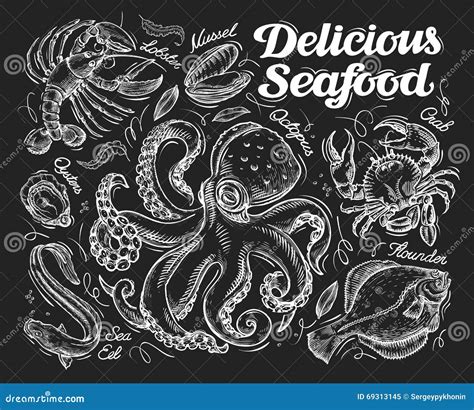 Delicious Seafood Hand Drawn Sketch Octopus Crab Fish Flounder Eel