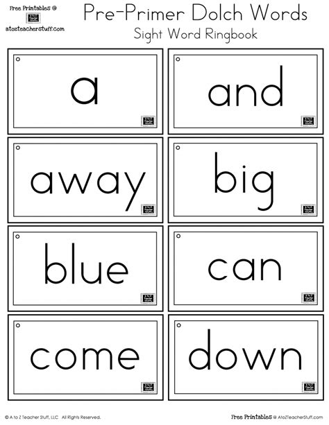 Pre Primer Dolch Sight Words List Printable