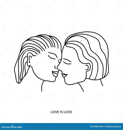 Joyeux Dessin Vectoriel De Couple Lesbien Deux Femmes Sembrassent