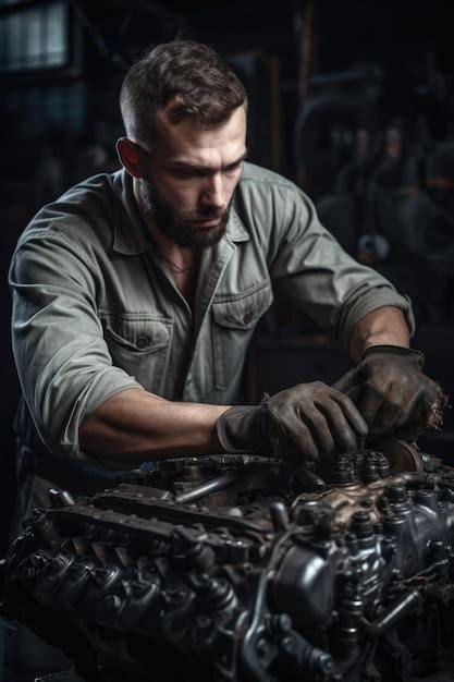 Foto de um mecânico segurando um motor de carro danificado criado