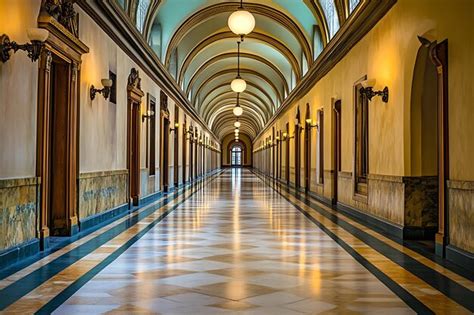 Grand Arched Hallway With Marble Floors And Light Reflecting On The