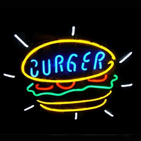 A Neon Sign With The Word Burger On It S Side In Front Of A Black