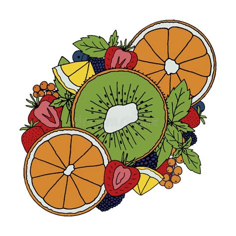 Hand Drawn Tropical Fruits And Berries Doodle Illustration With Stock