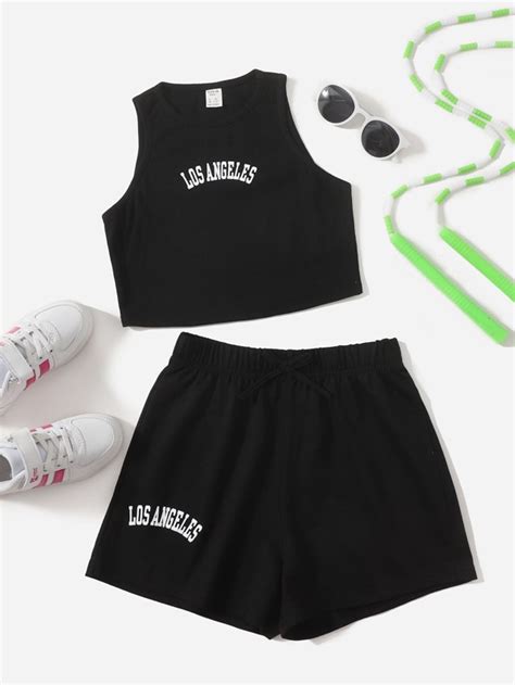 Shein Conjunto Top Tank Con Estampado De Letra Con Shorts Para Chicas