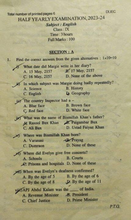 Seba Class Half Yearly Exam English Question Paper Of Darrang