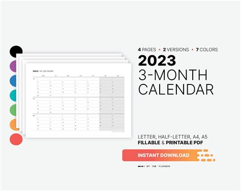 2023 3 Month Calendar Printable Quarterly Work Plan Fillable Etsy