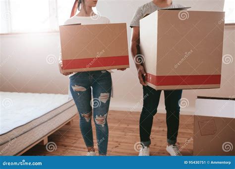 Couple With Big Cardboard Boxes Moving To New Place Stock Image Image