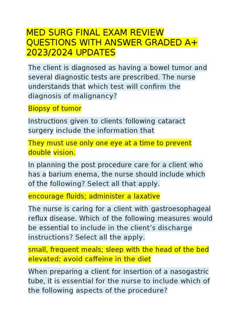 Med Surg Final Exam Review Questions And Answers Exams Nursing Docsity