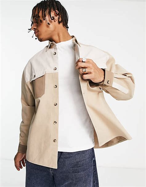 Asos Design Boxy Oversized Shirt In Neutral Cut And Sew Asos