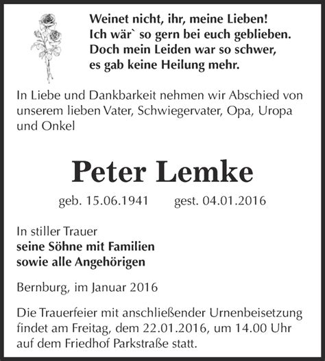 Traueranzeigen Von Peter Lemke Abschied Nehmen De