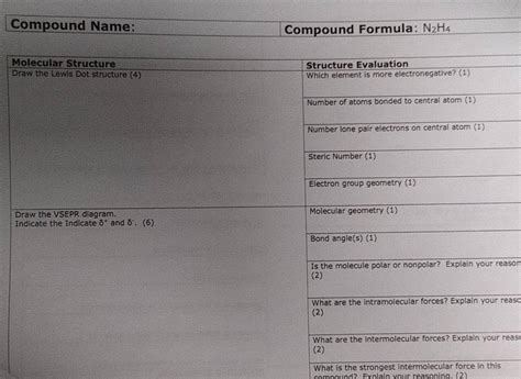 (Get Answer) - Compound Name: Compound Formula: N2H4 Molecular Structure Draw The...| Transtutors