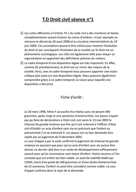 T D n1 Séance de td numéro 1 en droit civil T Droit civil séance n