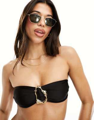 Top De Bikini Negro Liso Con Escote Palabra De Honor Y Detalle Dorado De Metal De ASOS DESIGN ASOS