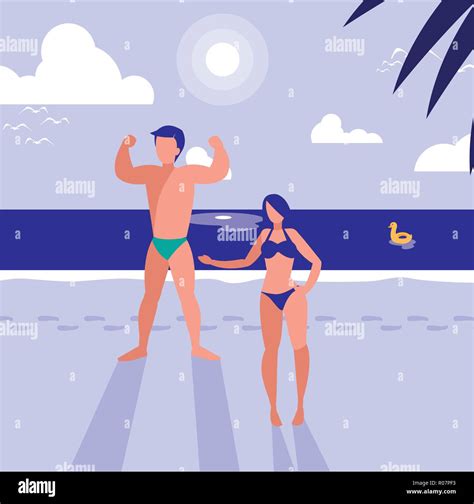 Beach With Man And Woman In Swimsuits Colorful Design Vector