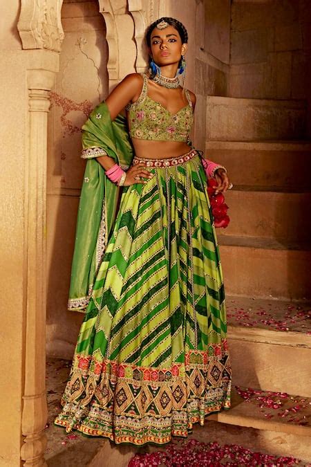 Buy Green Lehenga And Blouse Raw Silk Printed Chevron Leher Geometric