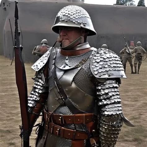 A Soldier In Armor That Mixes Ww1 Helmets Chainmail