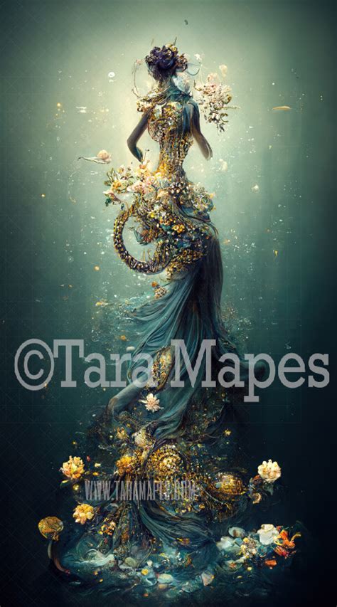 Aqua And Gold Mermaid Gown Digital Backdrop Ornate Octopus Mermaid