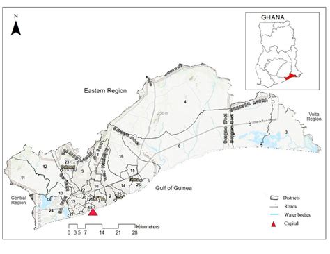 Map of Greater Accra Region with 29 districts and neighbouring regions ...